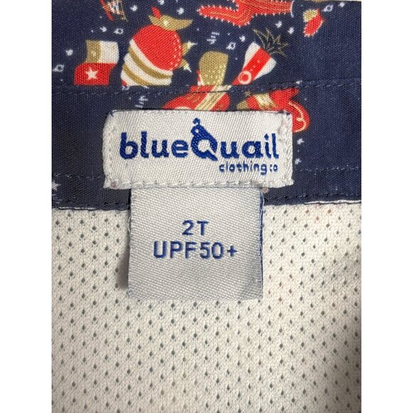 BlueQuail Toddler Boys Navy Button-Up Shirt W/ Holiday Print UPF 50+ Long Sleeve - Picture 3 of 6